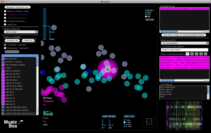 MusicBox interface showing songs as dots on a visual map organized by similarity